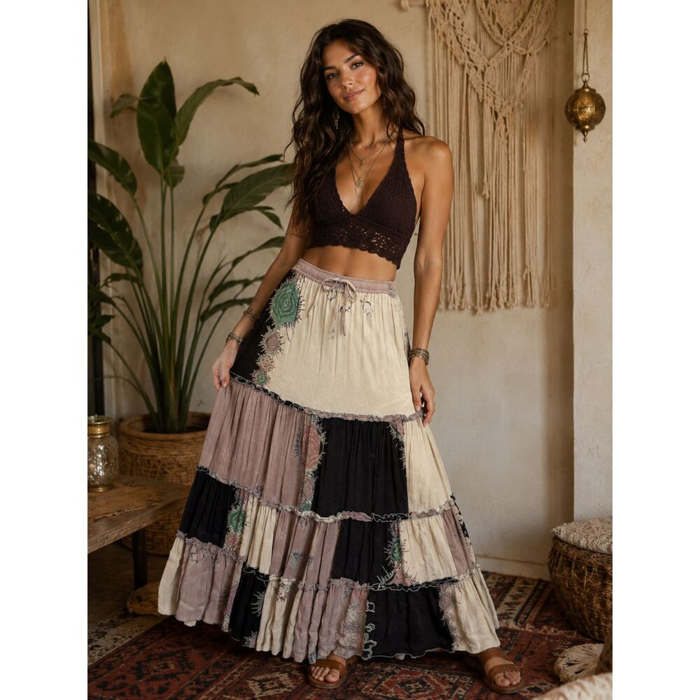 Mission Canyon Boho Patchwork Tiered Cottagecore Festival Maxi Skirt Size S NWT